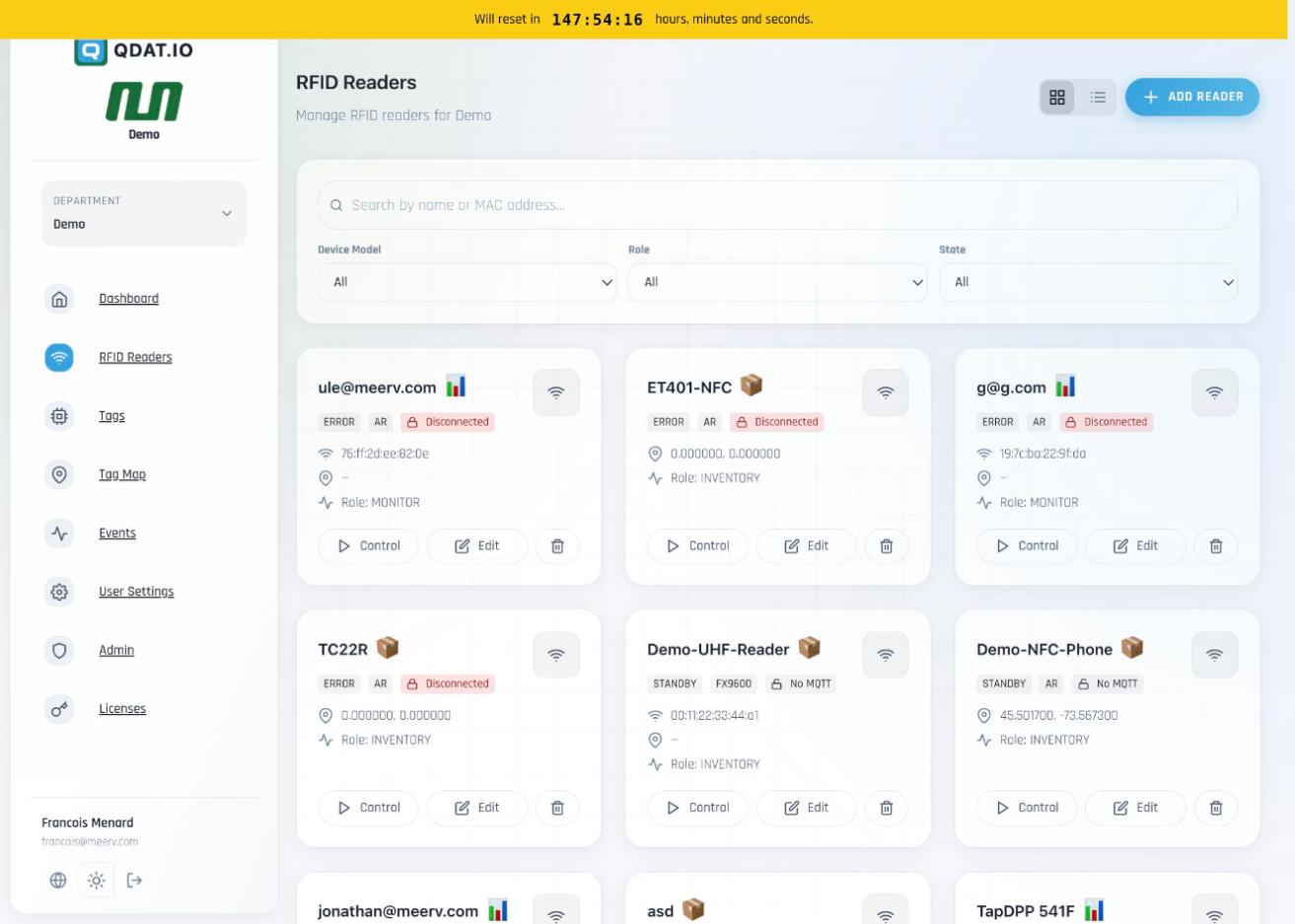 Reader card grid — 14 readers with status badges