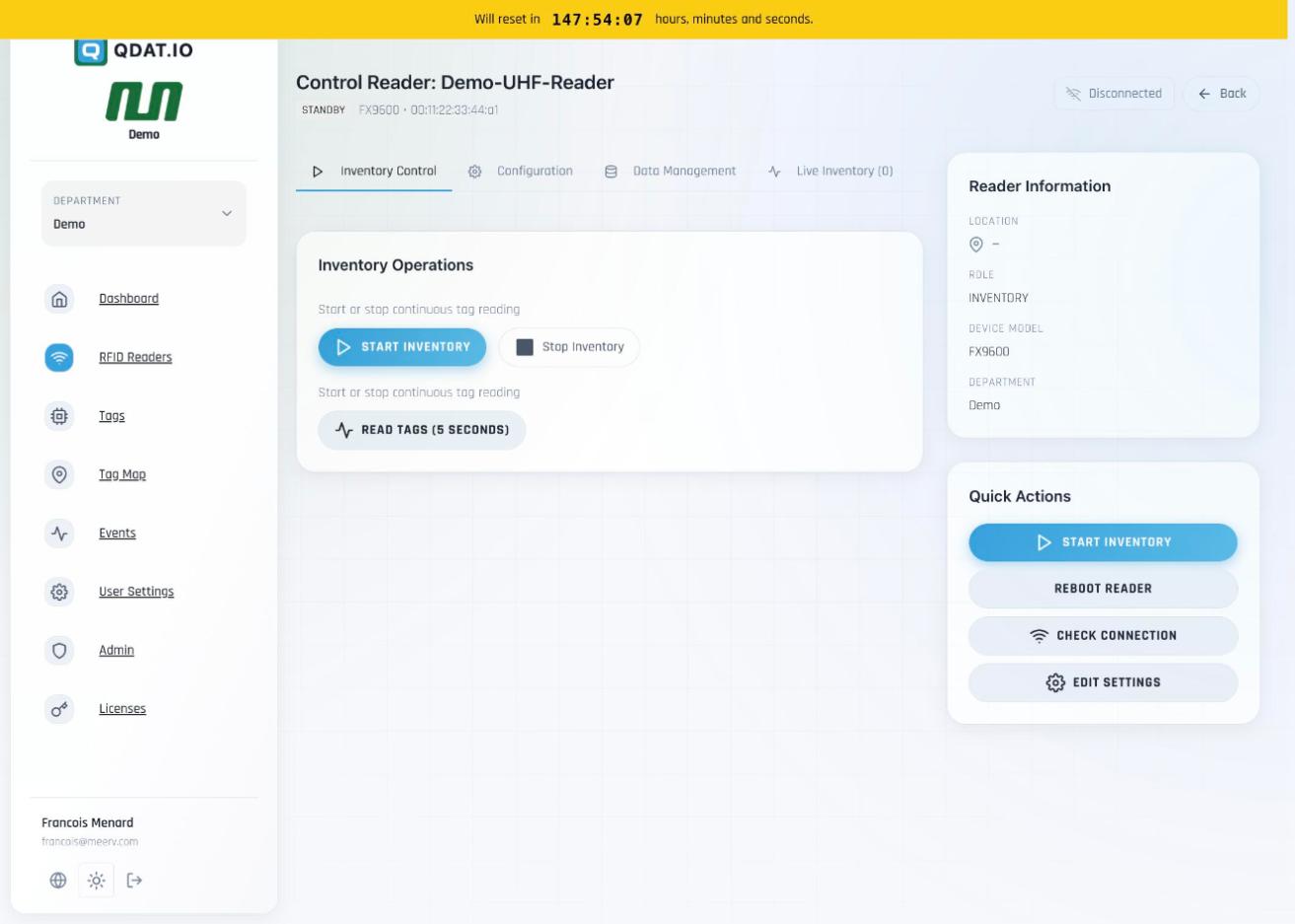 Reader Control panel — Inventory operations & quick actions