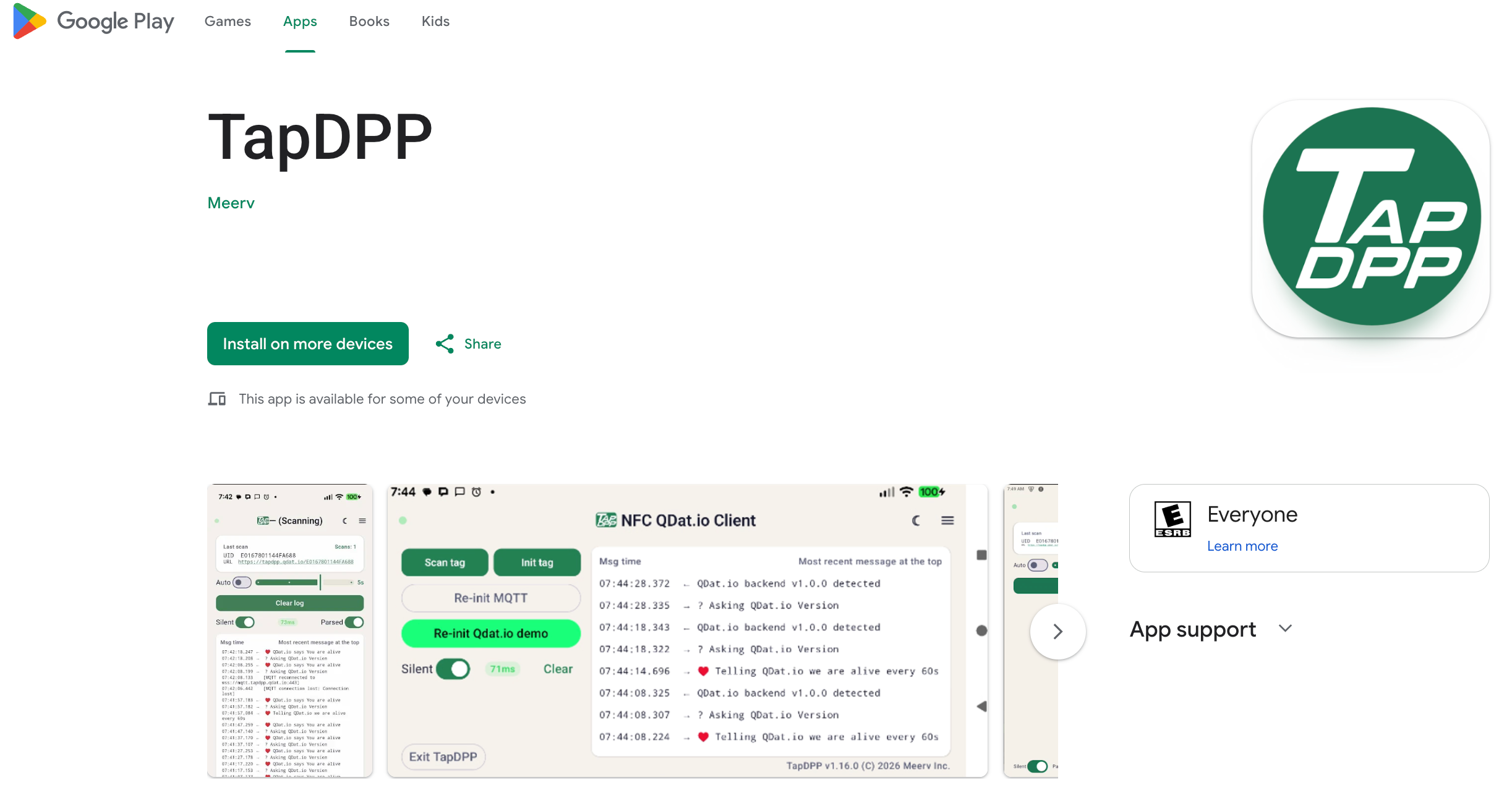 TapDPP on the Google Play Store — the public listing for the QDat.io NFC NDPP reader.