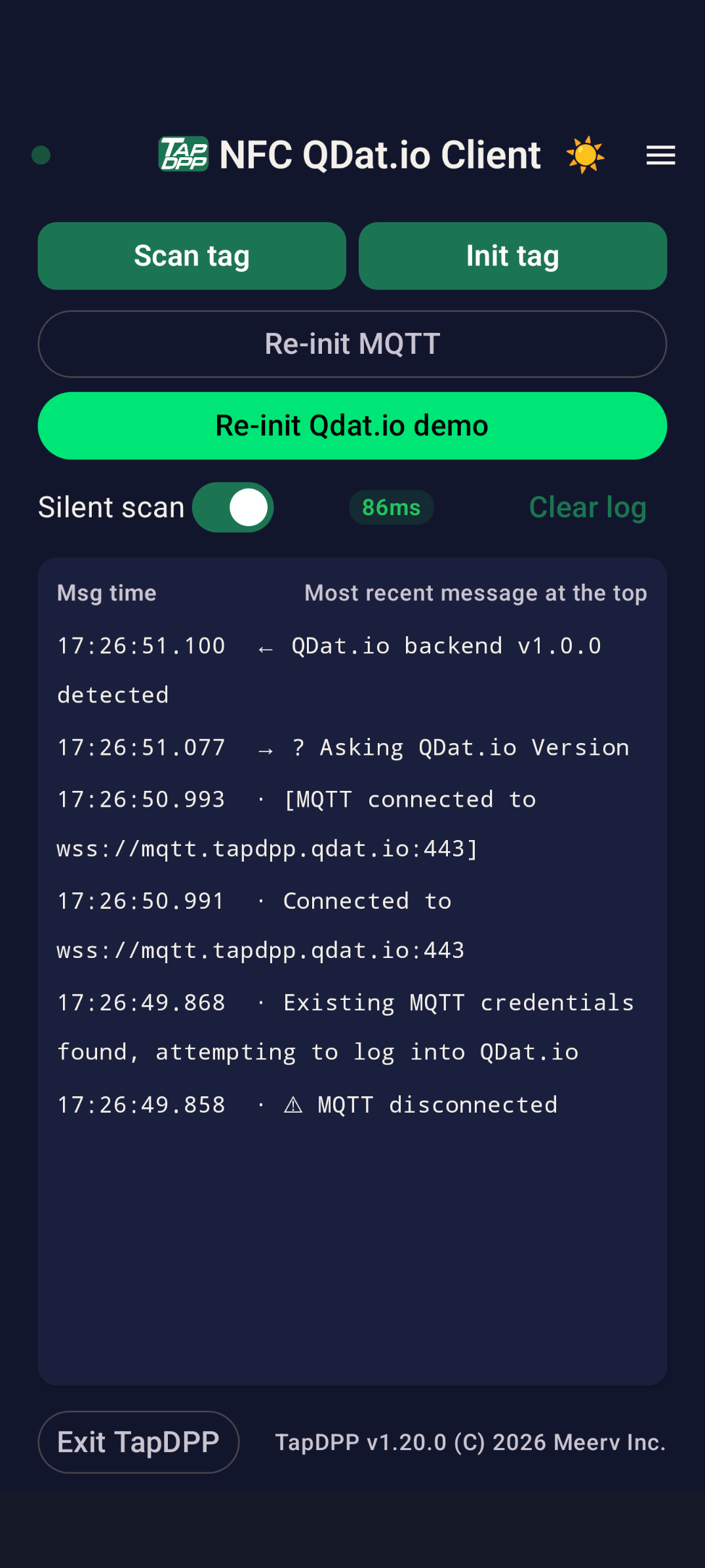 Home — Scan tag, Init tag, MQTT re-pairing and the one-tap QDat.io demo, over a live connection log with round-trip latency.