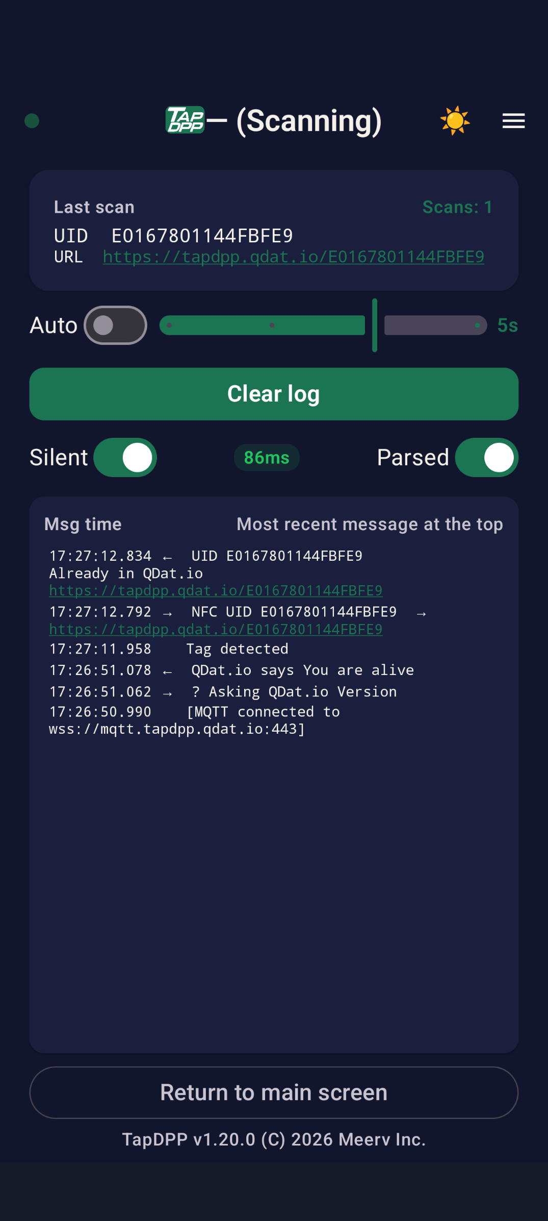 Scanning — the Last-scan card shows the UID and the canonical https://tapdpp.qdat.io/<UID> URL, with Auto, Silent and Parsed controls over the MQTT log.