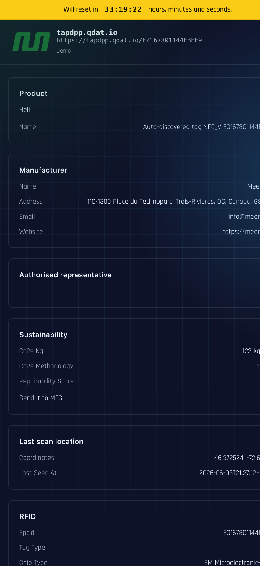 tapdpp.qdat.io resolving a tag's DPP view at https://tapdpp.qdat.io/E0167801144FBFE9 — including the When and Where of the last scan.