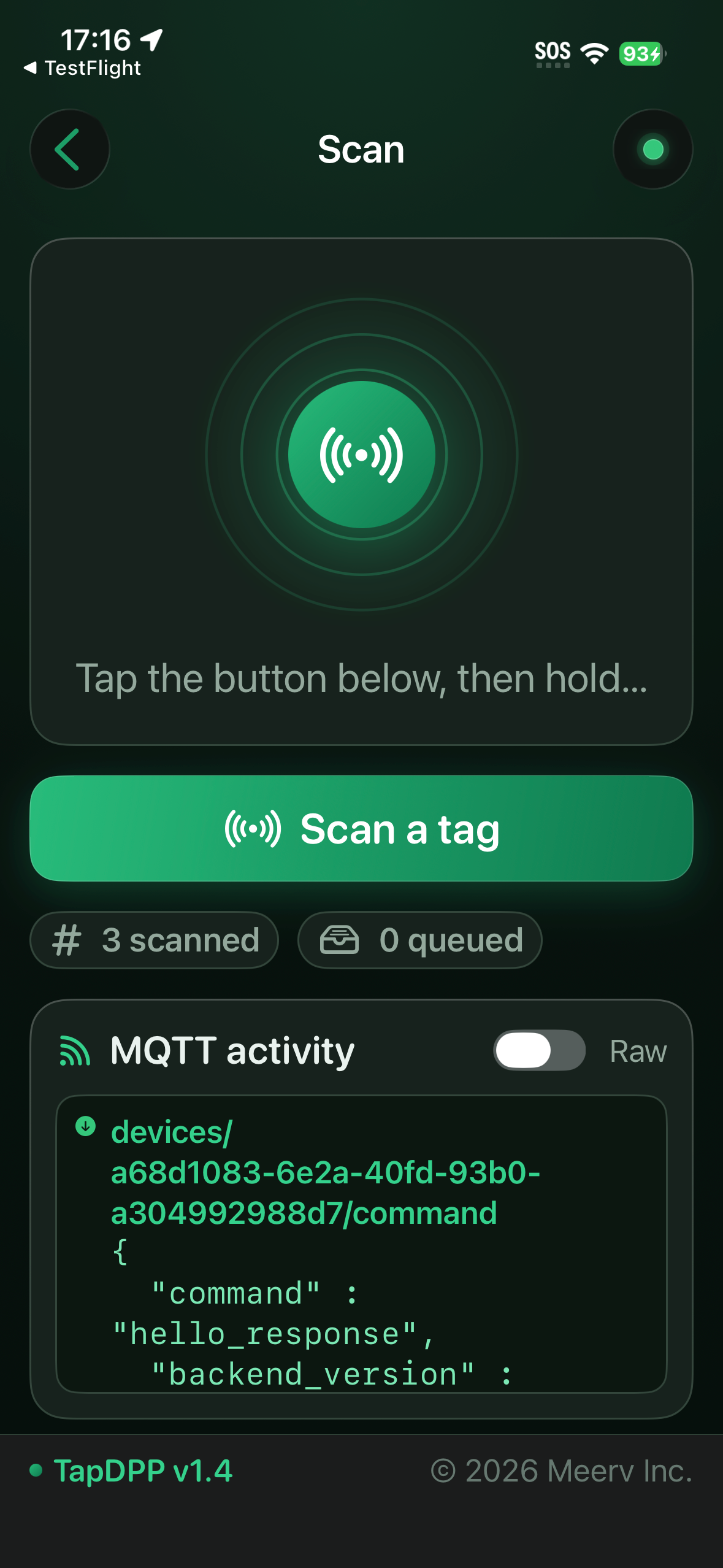 Scan — start an explicit Core NFC session; the live MQTT activity log streams every broker message.